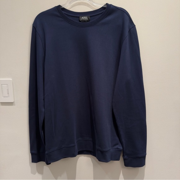 A.P.C. Navy Crewneck Sweatshirt w/ Brown Leather Elbow Patches Minimalist XL - Picture 2 of 8